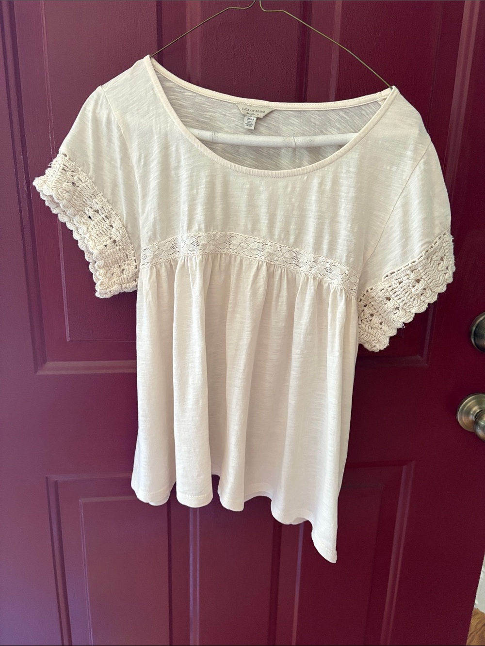 Lucky Brand Ivory Crochet Sleeve Peasant Top